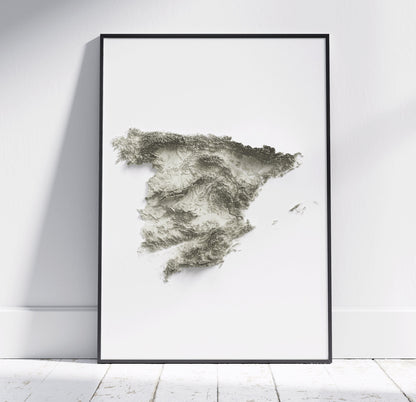 Spain Map ~ 2D Minimalist Topographic Print ~ Shaded Relief Poster Wall Art Modern Decor