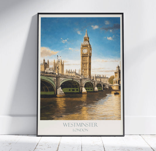 London Travel Print, Big Ben & Westminster Bridge ~ Vintage Style Painting Poster Classic Travel Wall Art Home Decor Gift