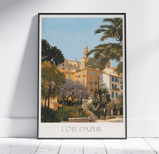 Côte d'Azur Town Travel Print ~ Vintage Style Painting French Riviera Classic France Travel Poster Wall Art Home Decor