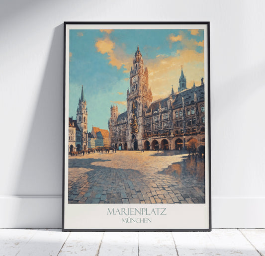 Munich Travel Print, Marienplatz ~ Vintage Style Painting Germany Classic Travel Poster Wall Art Home Decor