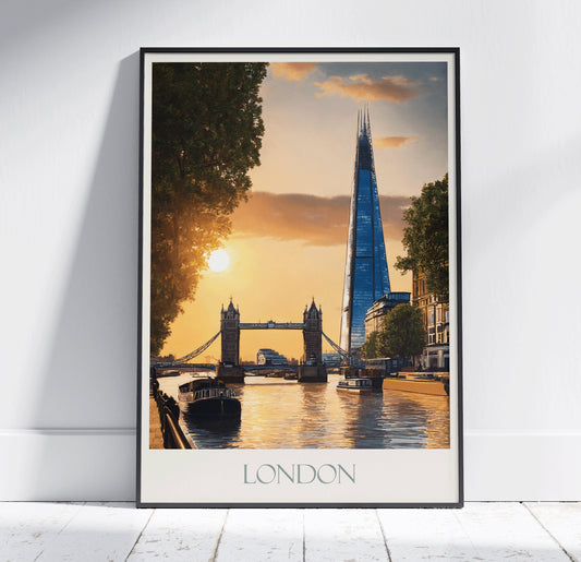 London Travel Print ~ Tower Bridge & The Shard Vintage Style Painting Poster ~ Classic Travel Wall Art Home Decor Gift