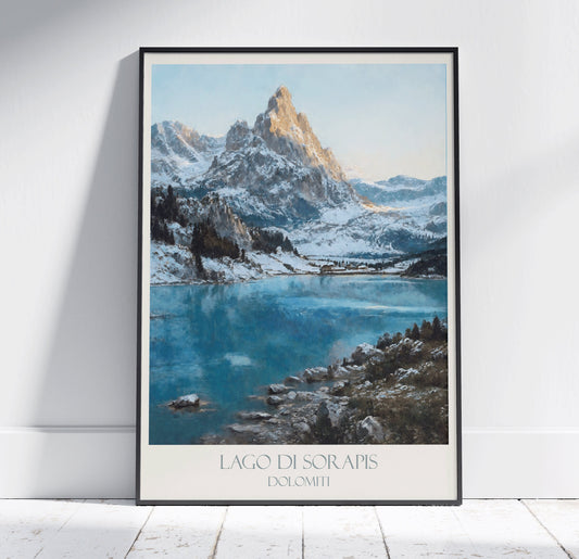 Dolomites Travel Print, Lake Sorapis ~ Vintage Style Painting Classic Travel Poster Wall Art Home Decor