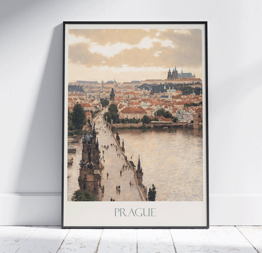 Prague Travel Print, Charles Bridge ~ Vintage Style Painting Czechia Classic Travel Poster Wall Art Home Decor