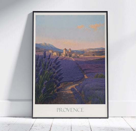 Provence Travel Print, Lavender Fields ~ Vintage Style Painting France Classic Travel Poster Wall Art Home Decor