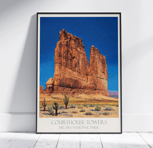 Arches National Park Travel Print, Courthouse Towers ~ Vintage Style Painting Classic Utah Travel Poster Wall Art Home Decor