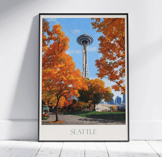 Seattle Travel Print, Space Needle ~ Vintage Style Painting Classic Washington Travel Poster Wall Art Home Decor