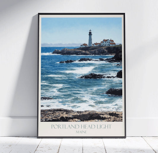 Maine Travel Print, Portland Head Light ~ Vintage Style Painting Classic Travel Poster Wall Art Home Decor