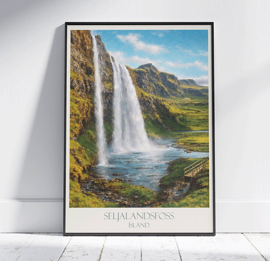 Iceland Travel Print, Seljalandsfoss Waterfall ~ Vintage Style Painting Classic Travel Poster Wall Art Home Decor