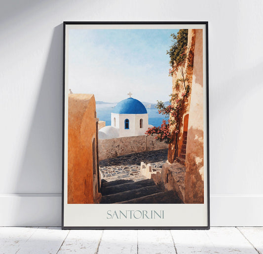 Santorini Travel Print ~ Vintage Style Painting Greece Classic Travel Poster Wall Art Home Decor