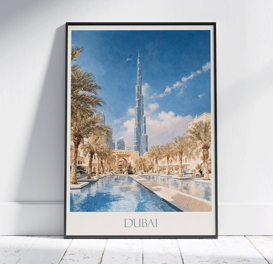 Dubai Travel Print, Burj Khalifa ~ Vintage Style Painting Classic UAE Travel Poster Wall Art Home Decor