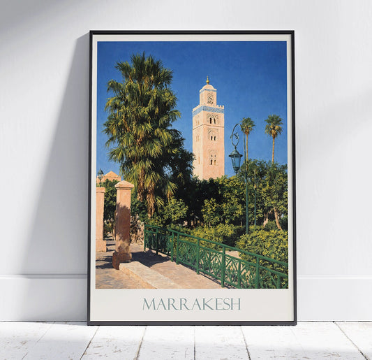 Marrakesh Travel Print, Koutoubia Mosque ~ Vintage Style Painting Classic Morocco Travel Poster Wall Art Home Decor