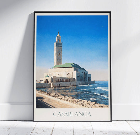 Casablanca Travel Print, Hassan II Mosque ~ Vintage Style Painting Classic Morocco Travel Poster Wall Art Home Decor