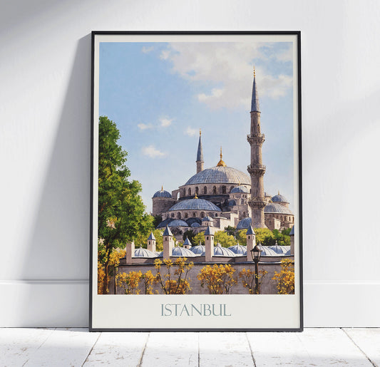 Istanbul Travel Print, Blue Mosque ~ Vintage Style Painting Turkiye Turkey Classic Travel Poster Wall Art Home Decor