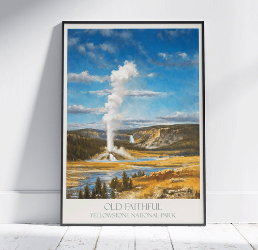 Yellowstone Travel Print, Old Faithful ~ Vintage Style Painting Classic Travel Poster Wall Art Home Decor