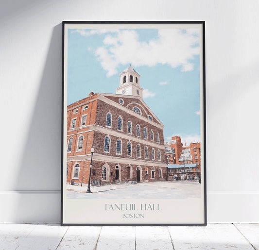 Boston Travel Print, Faneuil Hall ~ Vintage Style Painting Classic Travel Poster Wall Art Home Decor