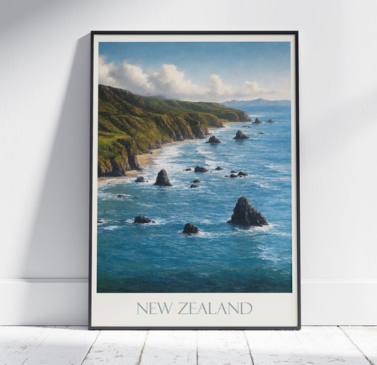 New Zealand Coast Travel Print ~ Vintage Style Painting Poster Classic Travel Wall Art Home Decor Gift