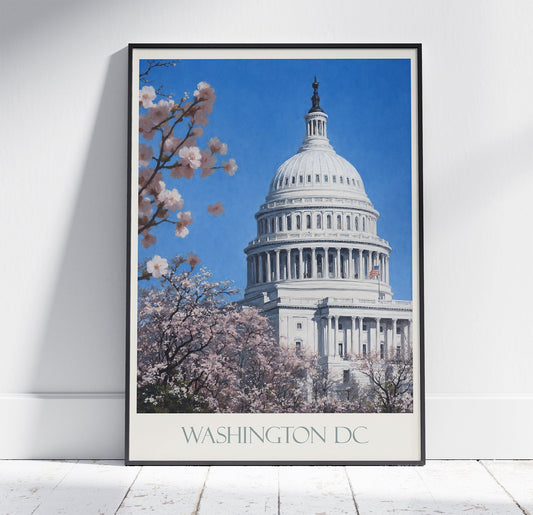 Washington DC Travel Print, US Capitol ~ Vintage Style Painting Classic Travel Poster Wall Art Home Decor