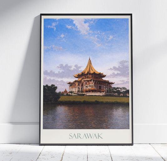 Sarawak Travel Print ~ Vintage Style Painting Classic Malaysia Borneo Travel Poster Wall Art Home Decor