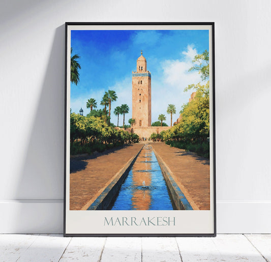 Marrakesh Travel Print, Koutoubia Mosque ~ Vintage Style Painting Classic Morocco Travel Poster Wall Art Home Decor