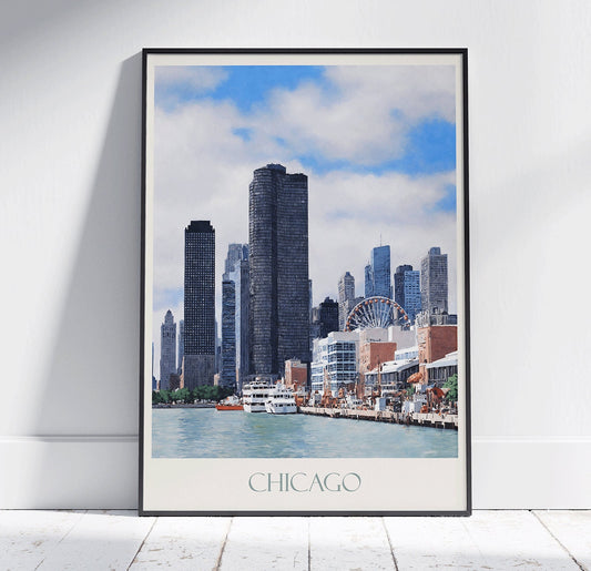 Chicago Travel Print ~ Vintage Style Painting Classic Illinois Travel Poster Wall Art Home Decor